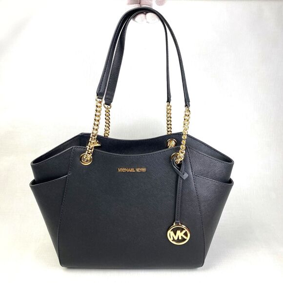 Michael Kors JET SET Large Black LEATHER TOTE BAG! MK SHOULDER Travel Gold Chain - Picture 1 of 16